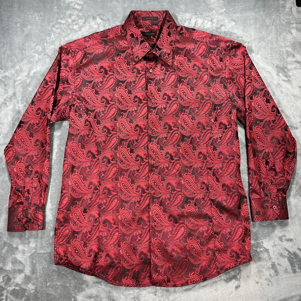 Leonardi Mens 2XL Red Black Paisley Button Down Shirt Long Sleeve Formal Satin